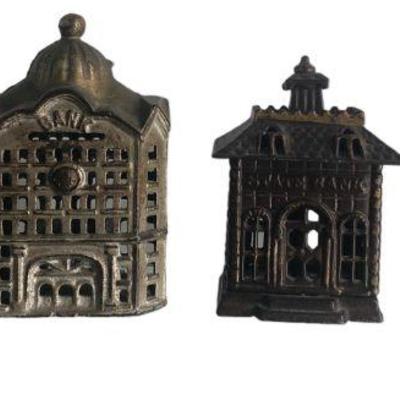 (4) Vintage Cast Iron Banks, Two Story, Domed