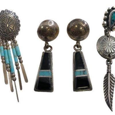 (3) Pair Sterling Silver, Turquoise, Onyx Earrings 