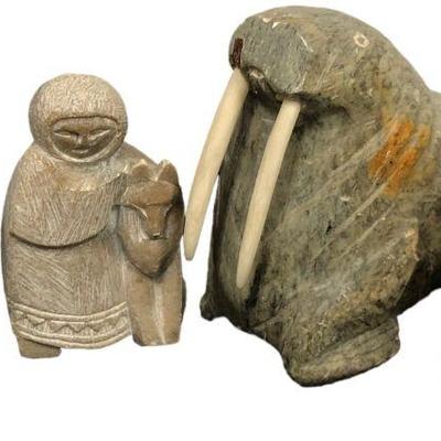 Four Inuit Stone and Bone Figural Carvings 