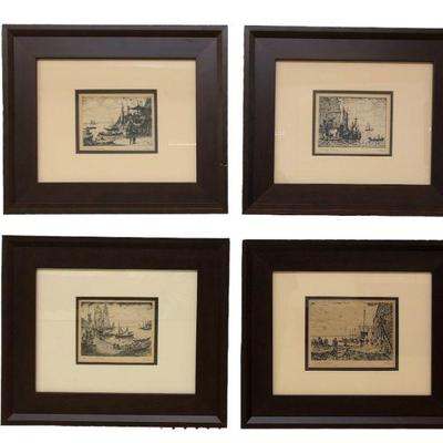 (4) 19th C. Wharf Scene Lithographs Signed A. EDEL