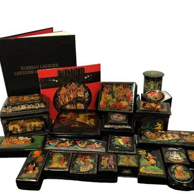 Large Collection Russian Lacquer Folk Art Boxes