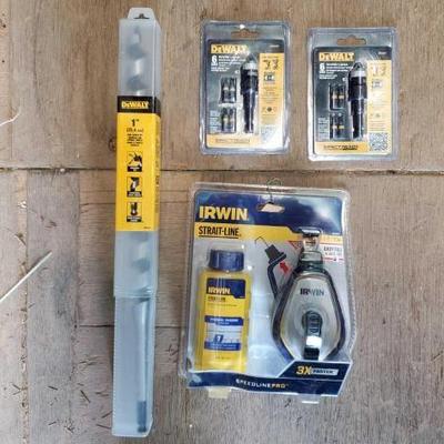 #3056 â€¢ NEW!! DeWalt 1" Ship Auger Bit, 2 DeWalt 6 Peice Ripid Load Impact Drive Accessorie Kits, and Irwin Strait-Line Marker...