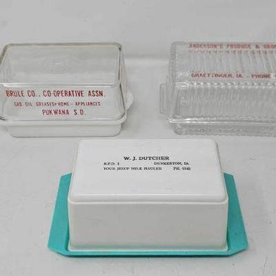 #3532 â€¢ 3 Advertising Butter Dishes, 2 Glass and 1 Plastic

