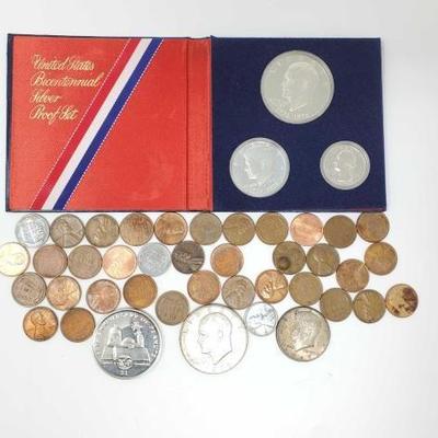 #1402 â€¢ United States Bicentennial Silver Proof Set, 37 Wheat Pennies, 50th Anniversary of Peanuts Coin, Eisenhower Dollar, Kennedy...
