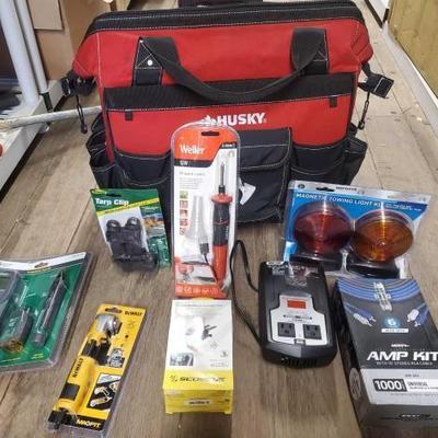 #7076 â€¢ Husky Tool Bag, Technician Test Kit, Screw Driver, Sodering Iron, Towing Lights, Amp Kit and More!
