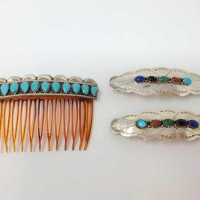 #908 â€¢ Sterling Silver Vintage Hair Comb with Turquoise accents and 2 Hair Clips, 38g
