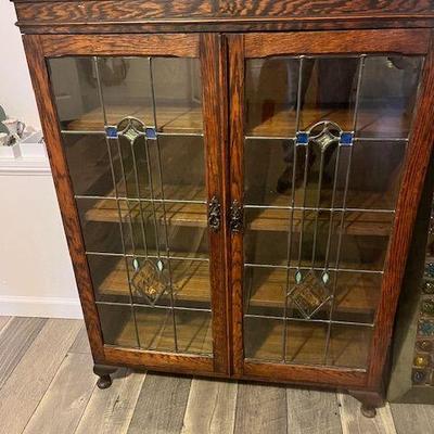Antique Oak Leaded Glass Bookcase