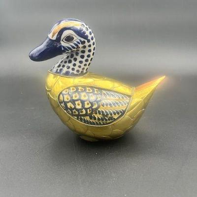 Vintage Mexican Ceramic & Brass Duck