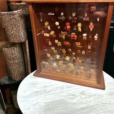 PINE DISPLAY CABINET WITH MCDONALDS COLLECTOR PINS