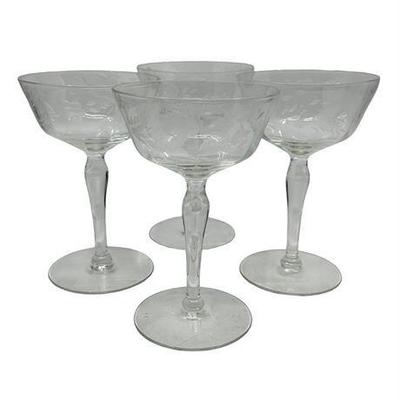 Lot 074  
Clear Crystal Etched Floral Design Tall Sherbet Champagne Glasses, Set of Four