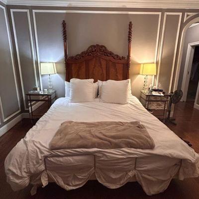 Cal King Mattress & Bedding  also has a remote where one side can go up or down and also vibrates. Queen bed frame, loghts, sidet ables.