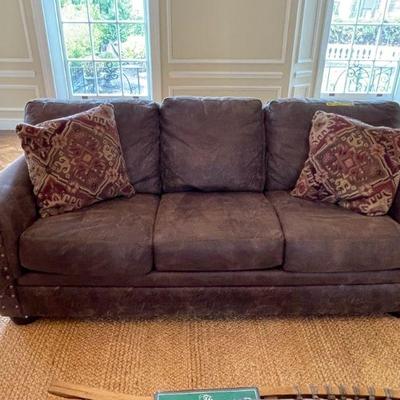 Upholstered Sofa with brass nail detail in faux  7'x3'Dx31"H