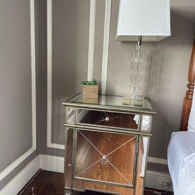 Mirrored Bedside Table one of two Glass table lamps w shade one of two