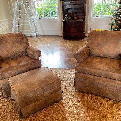 Pair of Upholstered Swivel Chairs with Ottoman 32Wx29Dx32H, SH 17 1/2 