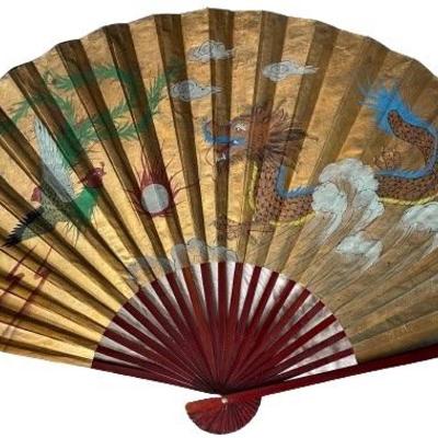 Large Vintage Hand Painted Asian Fan