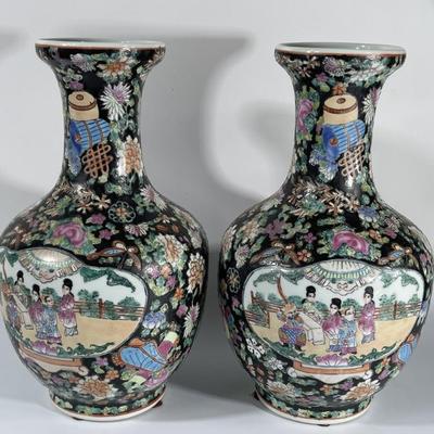 Pair of Asian Famille Noir Style Porcelain Vases