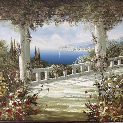 Mediterranean Terrace. Framed Oil on Canvas