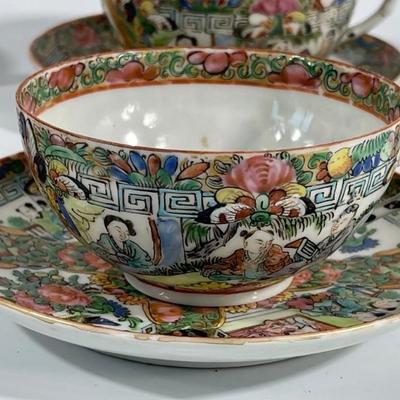 Vintage Chinese Rose Medallion Porcelain Teacups and Saucers