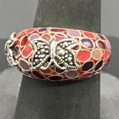 925 Enameled Silver w/ Marcasite Ring, Size 7.75