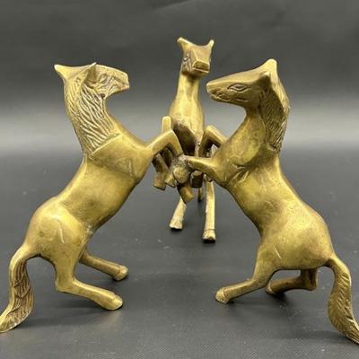 Vintage Brass Sculpture of 3 Asian Rearing Horses
