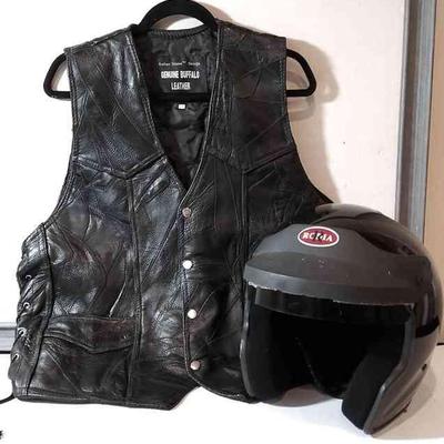 Motorcycle Gear Leather Vest and helmet