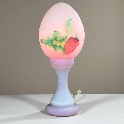 COLORED GLASS PATE DE VERRE LAMP | Beautiful colored glass egg form shade with grape relief on a glass pedestal. - h. 17 x dia. 6.5 in

