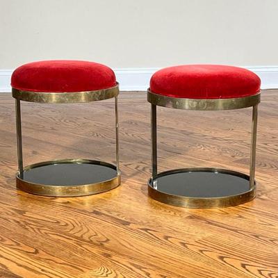 PAIR BRONZE & VELVET STOOLS | No apparent marking, with later velved-covered seats on bronze frames with glass inserts. - h. 19 x dia. 16...