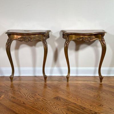 (2PC) PAIR CARVED SIDE TABLES | Carved & gilt 1/2 side tables with floral carving over cabriole legs. - l. 27 x w. 17.75 x h. 29 in

