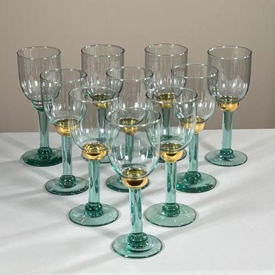 (10PC) COLORED BLOWN GLASS WINE GLASSES | Light aqua blue hand-blown wine glasses with gilt accent in middle. - h. 9.5 x dia. 3.25 in

