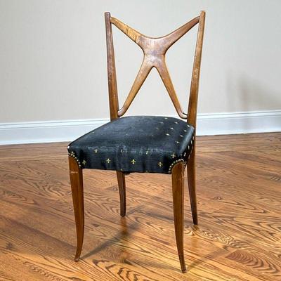 X-BACK CHAIR | Showing 4 piece x-back chair over black & gold upholstered seat with brass riveted border. - l. 17 x w. 16.5 x h. 35 in


