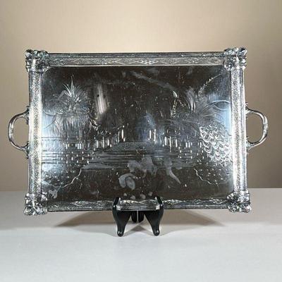 PEACOCK DECORATED SILVER PLATE TRAY | Quadruple plate Webster bros silver plate tray with peacock decoration and stamped floral border. -...
