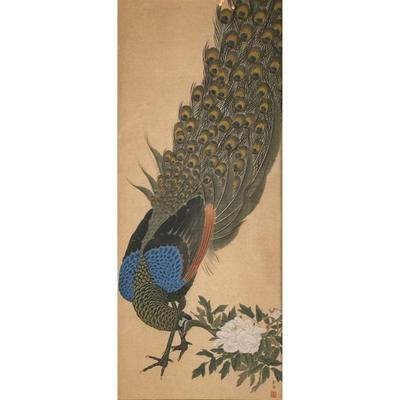 MIXED MEDIA PEACOCK ART | Showing peacock in gilt frame 15 x 6.5 in sight. - l. 13.5 x h. 22.25 in

