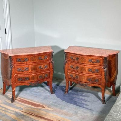 (2PC) PAIR DUTCH BOMBE NIGHT STANDS | Stone-topped Bombe nightstands with wood inlay and cast metal accent. - l. 34.5 x w. 17 x h. 30 in

