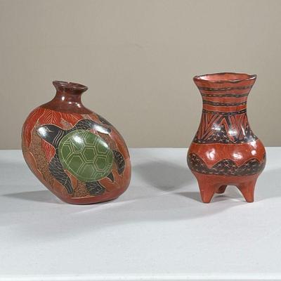 (2PC) CENTRAL / SOUTH AMERICAN POTTERY VESSELS | Including small round vase on tripod feet and colorfully carved turtle vase signed...
