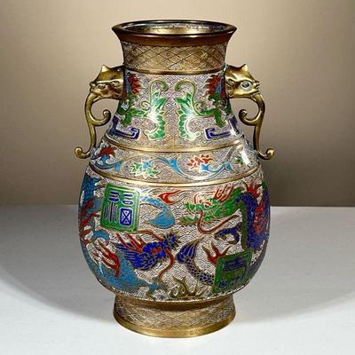 ANTIQUE JAPANESE CHAMPLEVÃ‰ ENAMEL VASE | Colorful Japanese champlevÃ© vase showing dragons with dragon relief handles. - h. 12 x dia. 8...