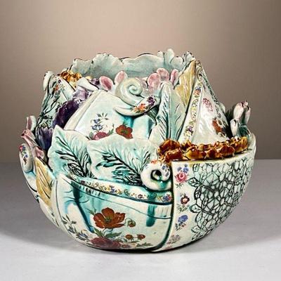 ART POTTERY PLANTER | Colorful art pottery planter with floral designs and gilt accents. - h. 8 x dia. 10.5 in

