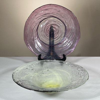 (2PC) COLORED BLOWN GLASS BOWLS | Hand-blown colored glass bowls. - h. 3 x dia. 14 in (larger)

