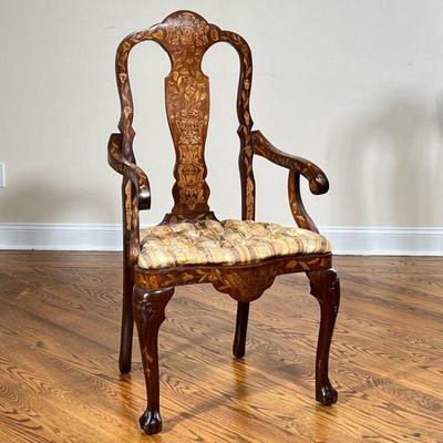 FANCY MARQUETRY INLAID ARMCHAIR | l. 22 x w. 24 x h. 45 in

