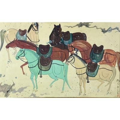 CHINESE TANG MOGAO CAVE PAINTING OF A HERD OF HORSES | Colorful horses. Paint on paper 9.5 x 15.5 in sight. Showing colorful horses with...