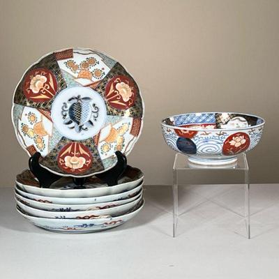 (7PC) ANTIQUE JAPANESE PLATES & BOWL | Including 6 plates and 1 bowl showing colorful floral scenes with gilt accents. - h. 1.75 x dia....