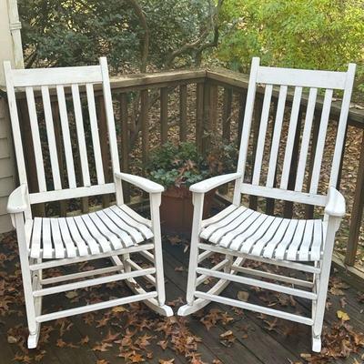 (2PC) PAIR WHITE ROCKERS | Pair of classic slatted white rocking chairs. - l. 38 x w. 26 x h. 44 in

