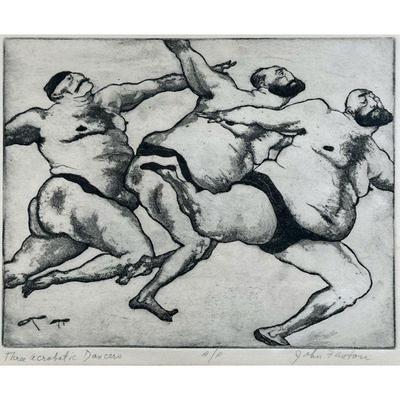 JOHN FAUTOU (20TH CENTURY) ENGRAVING | â€œThree Acrobatic Dancersâ€. Engraving on paper 8.75 x 10.75 in., sight. Showing three large...