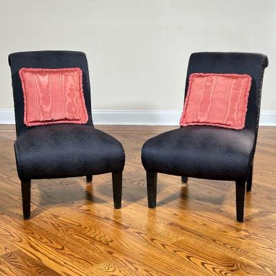 (2PC) PAIR SLIPPER CHAIRS | Pair of black slipper chairs with scrolled back snakeskin style upholstery. - l. 31 x w. 21.5 x h. 30 in

