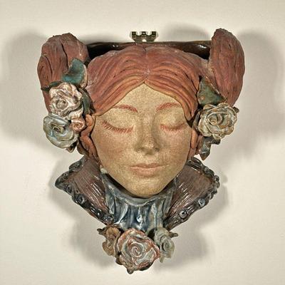 VICTORIAN BUST PLANTER | Colorful planter of glazed bust of a woman with floral decoration. - l. 10.5 x w. 6.5 x h. 12 in

