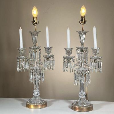 PAIR FANCY CUT CRYSTAL DROP CANDELABRAS | Each having two arms suspending cut crystals and with brass electrified attachments. - w. 13 x...