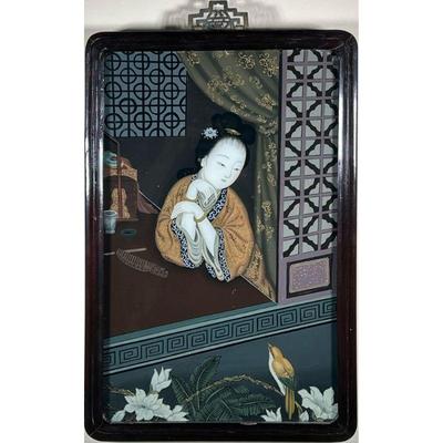 JAPANESE REVERSE PAINTED GLASS SCENE | Showing a lady with arms folded, gazing upon a bird. - w. 14.5 x h. 22 in (frame)

