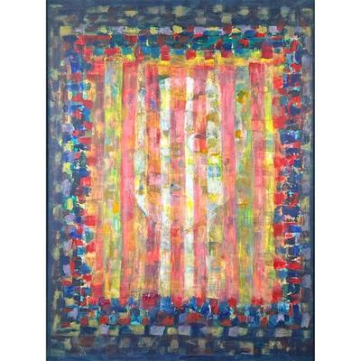 ABSTRACT OIL PAINTING | Colorful patterns with red stripes. - w. 32 x h. 42 in (frame)

