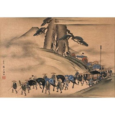 MIXED MEDIA JAPANESE CONVOY ART | Showing escorted convoy traveling through hillside 8.5 x 12.5 in sight. - l. 21.25 x h. 17 in

