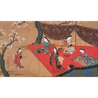 MIXED MEDIA JAPANESE LADIES ARTWORK | Showing women relaxing, playing music, and writing 8.5 x 14.5 in sight. - l. 22.75 x h. 17 in

