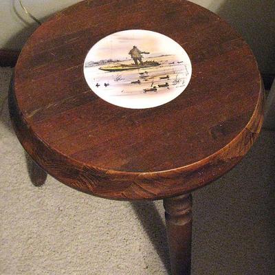 Vintage Wood Bench w/ Fisherman Porcelain Inlay